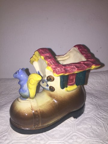 Vintage Decorative Ceramic Blue Squirrel and Shoe House Figurine Planter, shoe trinket dish, pencil holder - made in Japan