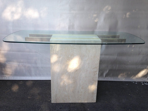 Vintage Mid Century Modern Artedi Travertine and Brass Sofa Table Console Table with Glass Top