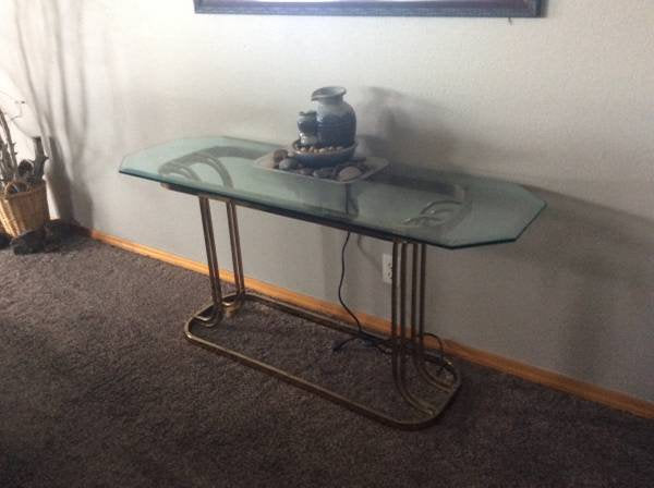 Vintage Modern Milo Baughman Style Flat Bar Brass and Glass sofa table