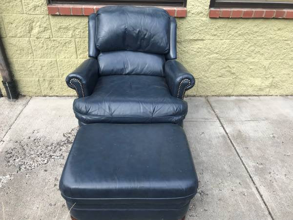 Braddington Young Blue Leather Low Wingback Recliner Chair & Ottoman