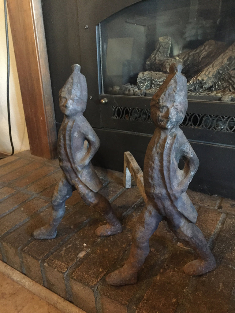 Antique Solid Cast Iron 1940s Hessian soldiers andirons - Virginia Metal Crafters