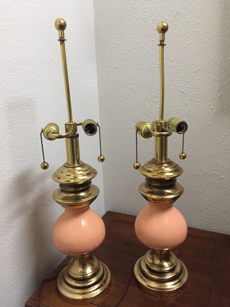 Pair of Vintage Stiffel Peach Ceramic and Brass Table Lamps with earring pull switch
