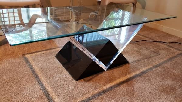 Shlomi Haziza Black and Clear Triangle Coffee Table Acrylic, Lucite & Glass Mid Century Post Modern 1980's Cocktail Table