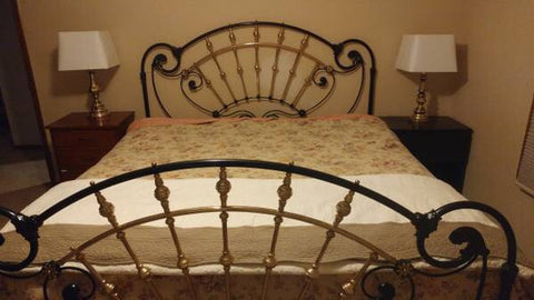 Vintage Black Enameled Metal and Brass King Size Bed