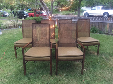 Mid Century Hollywood Regency Oak and Cane Upholstered Dining Chairs (6) style of Milo Baughman for Dillingham