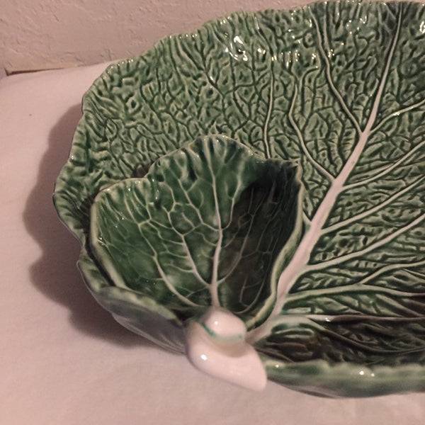 Vintage Large Ceramic Cabbage Serving Dish with small attached sauce dish- Pottery - made in Portugal