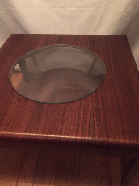 Mid Century Modern Waterfall Edge Walnut Veneer Coffee Table with Glass Center and lower magazine shelf