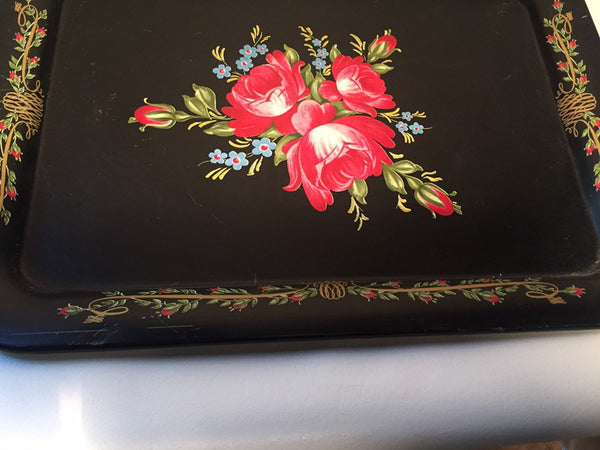 Vintage Metal Tole Painted Dinner Tray - roses
