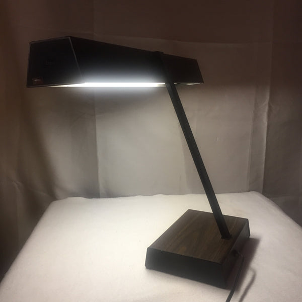 Vintage Black Metal and Brown Faux Wood Luxo Desk Lamp Modernist Bauhaus MCM Madmen