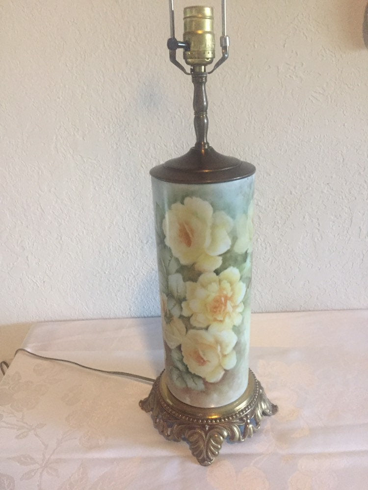 Vintage Hand Painted Roses Ceramic table lamp with brass base and accents - artist signed
