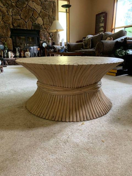 Vintage McGuire Style Rattan Sheaf of Wheat Coffee Table with glass top