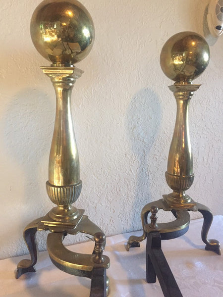 Vintage / Antique Solid Brass Andirons Fireplace Insert Wood Log Holders Cannonball– Colonial Early American Style