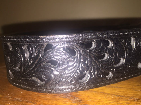 Tony Llamas Black Pierced Leather Belt with Silverplated Buckle