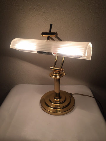 Vintage Brass and Frosted Glass Shade Bankers Lamp Piano Desk Lamp