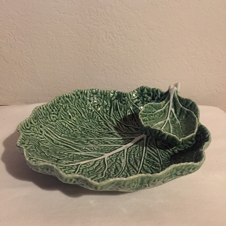 Vintage Large Ceramic Cabbage Serving Dish with small attached sauce dish- Pottery - made in Portugal