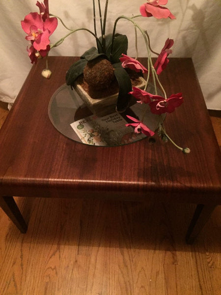 Mid Century Modern Waterfall Edge Walnut Veneer Coffee Table with Glass Center and lower magazine shelf