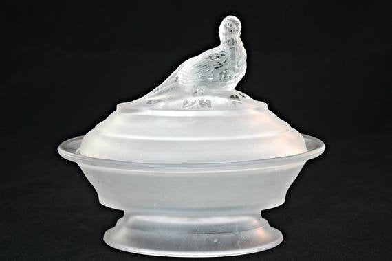 Vintage 1970’S Lenox Imperial Frosted Glass Covered Oval Bowl Accentuated with a handle in the shape of a Pheasant