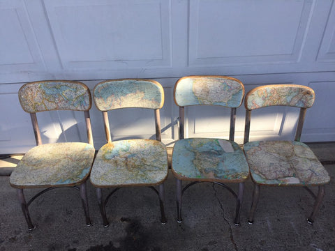 Set of 4 Mid-Century 1950's Child's School Chair Vintage School Chair Child Size Beige Metal/ Map Covered Wood Seat and Back