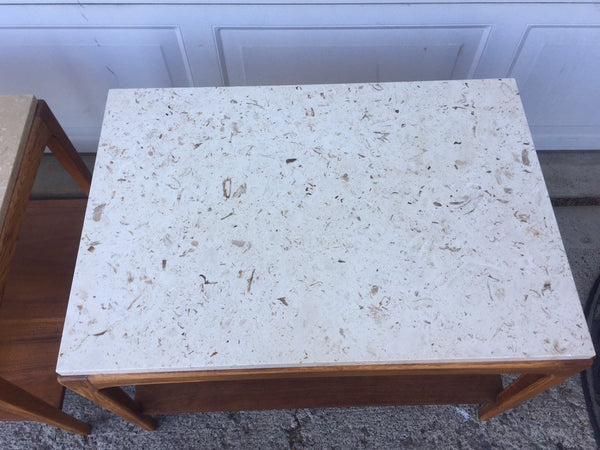 Mid Century Modern Lane Walnut and Travertine/Marble End Table Side Table