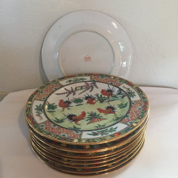Set of 10- Vintage 1950's Chinese Porcelain 5 Roosters Dinner Plates- Good Luck and Fortune