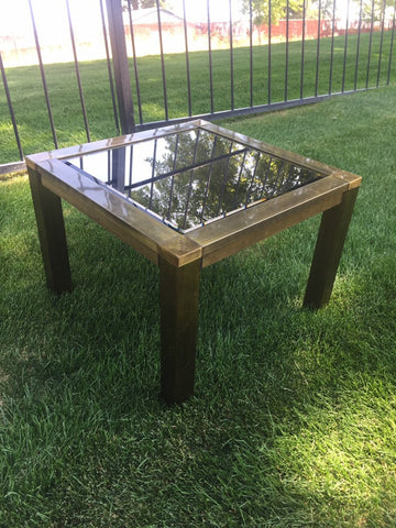 Milo Baughman Hollywood Regency Brushed Brass Side Table with bronzed Glass Mirror Top