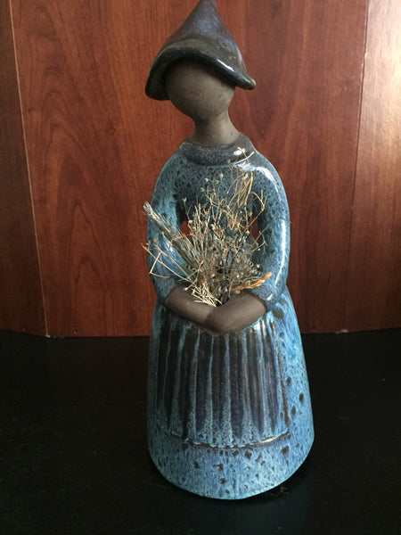 Elsi Bourelius Scandinavian Woman figurine in blue dress and hat ceramic figurine.- 1970's Mid Century Figurine