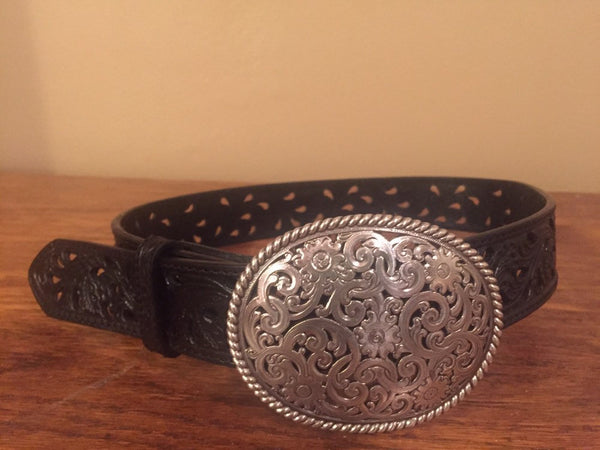 Tony Llamas Black Pierced Leather Belt with Silverplated Buckle