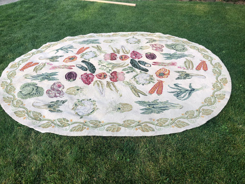 Large Antique Oval Hand Hooked Wool Rug with Vegetables, Primitive Farm country Lodge Primitive Rug, Antique Farmhouse- 69 w x 93 l