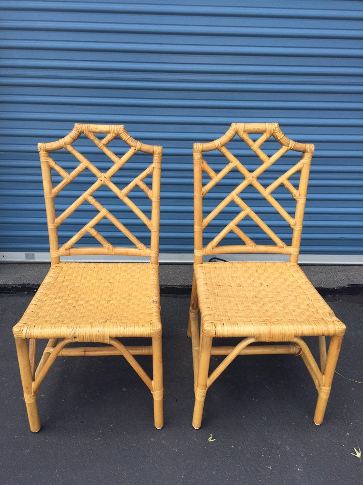 Vintage Pair of Chinese Chippendale Style Rattan Chairs with loose seat cushions