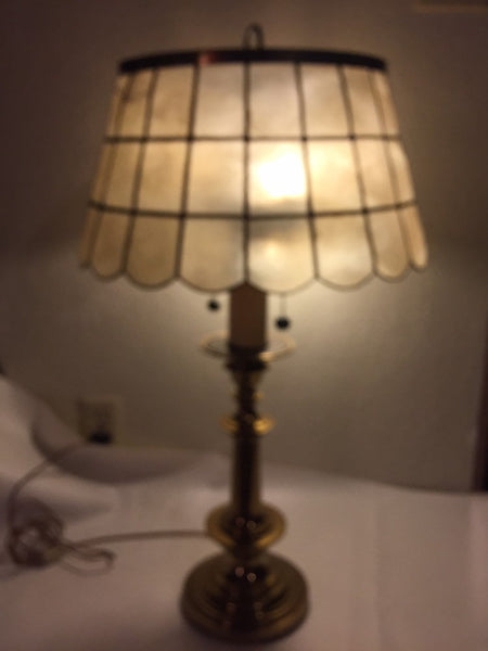Beautiful Vintage Brass Table Lamp with Capiz Shell Shade and earring pull switches