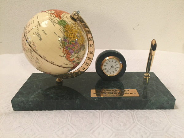 Vintage Executive Desk Set, Globe, Clock & Pen Stand with engraved Bible Verse Plaque