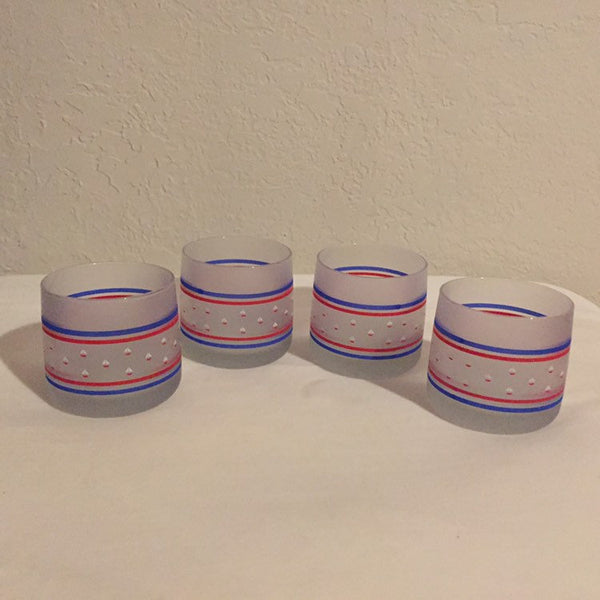 Set of 4 Mid Century Modern Bar glasses Nautical Sailboats Frosted heavy weight