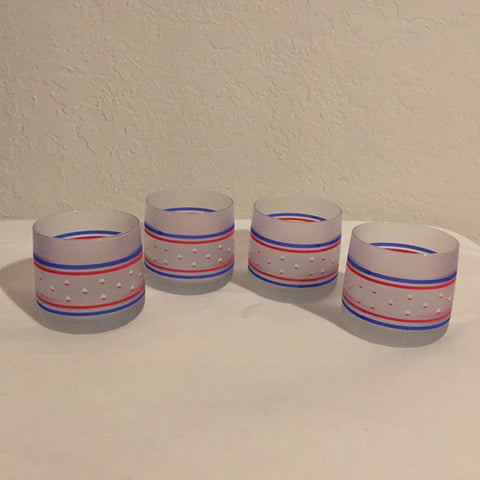 Set of 4 Mid Century Modern Bar glasses Nautical Sailboats Frosted heavy weight