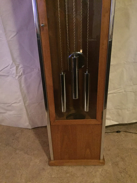 Vintage Mid Century Modern Oak and Chrome Pendulum Grandfather Clock in the style of George Nelson for Howard Miller