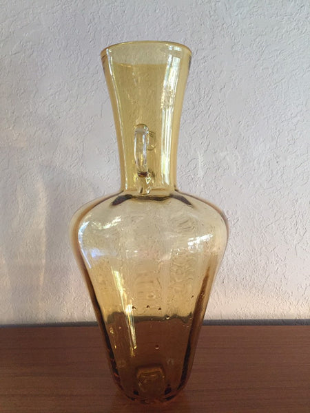Vintage Blenko Tall Amber Optic Art Glass Vase with clear handles