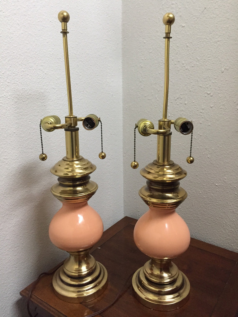 Pair of Vintage Stiffel Peach Ceramic and Brass Table Lamps with earring pull switch