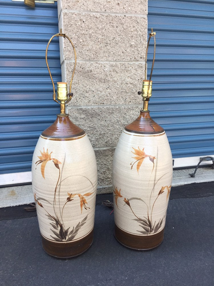 Pair of 1960s Tall Hand-Thrown Studio Pottery Table Lamps , floral motif