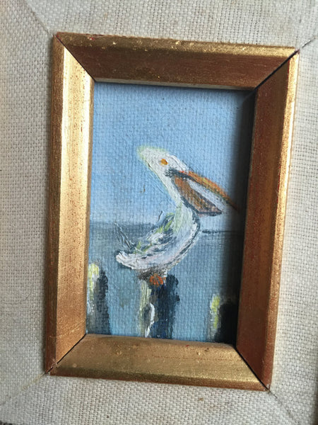 Vintage Tiny Original  Oil Painting- Pelican on a Wood Piling