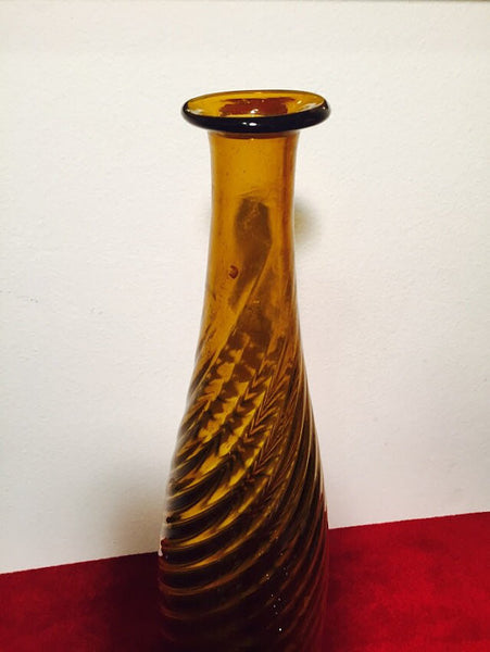 Vintage Hand Blown Murano Italian Empoli Over sized Italian Amber Tall Vase- 1960s or 70s Mod Ribbed