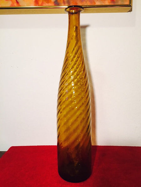 Vintage Hand Blown Murano Italian Empoli Over sized Italian Amber Tall Vase- 1960s or 70s Mod Ribbed
