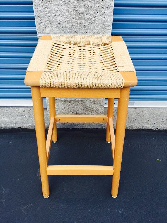 Vintage Danish Modern stool with woven rope seat  Mid Century Wegner Eames