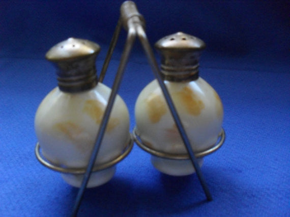 Antique Vintage Hand Painted Porcelain Salt and Pepper Shakers  with stand