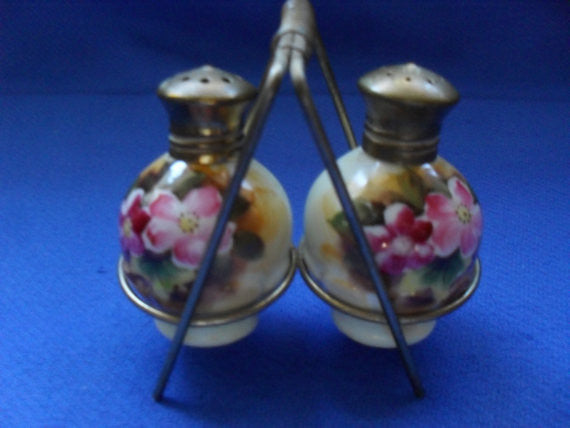 Antique Vintage Hand Painted Porcelain Salt and Pepper Shakers  with stand