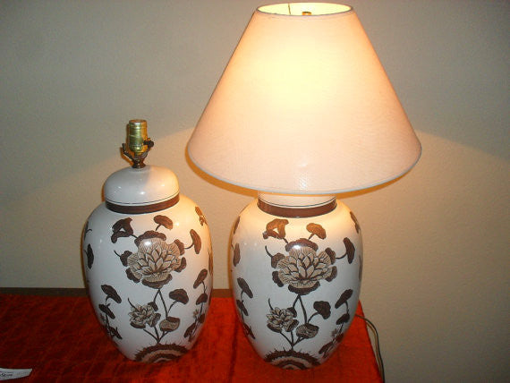Pair Mid Century Antique Vintage Hand Painted Ginger Jar Lamps c1960's Hollywood Regency