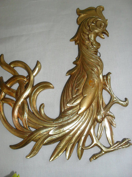 Vintage Syroco Hollywood Regency Gold Fighting Rooster or CRAZY CHICKEN rooster art wall hanging