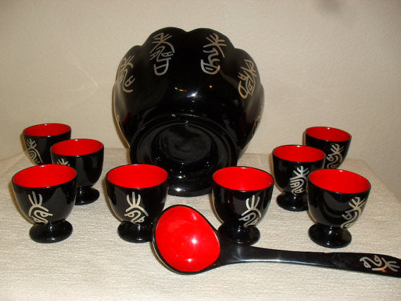 Vintage Japanese Black Lacquerware Bowl Set Hand Painted Cups/ Bowls- and Laddle Excellent condition