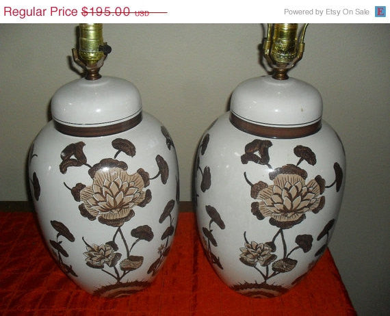 Pair Mid Century Antique Vintage Hand Painted Ginger Jar Lamps c1960's Hollywood Regency