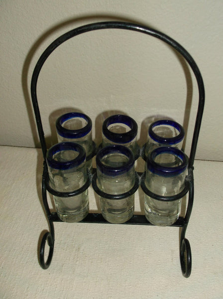 Set of 6 Vintage Hand Blown Shot Glasses with Cobalt Blue Rim and Black Iron Rack Holder