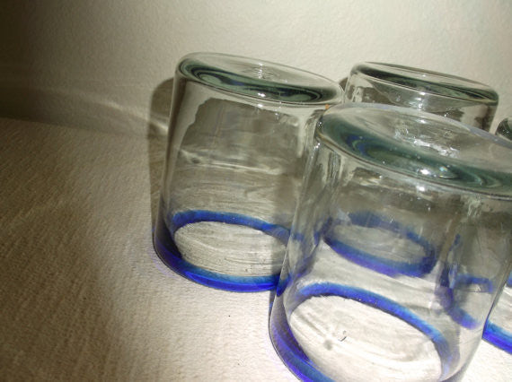 Set of 4 Vintage Hand Blown Drinking Glasses with Cobalt Blue Rim with pontil mark