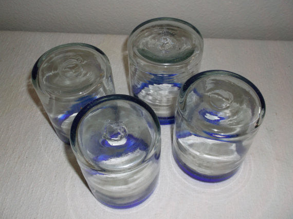 Set of 4 Vintage Hand Blown Drinking Glasses with Cobalt Blue Rim with pontil mark